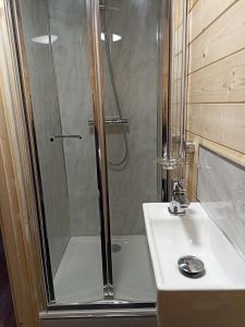 a bathroom with a shower and a sink at Cosy Cabin in Stock