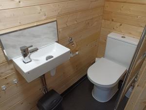 een badkamer met een witte wastafel en een toilet bij Cosy Cabin in Stock