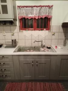 a kitchen with a sink and a red window at ΦΙΛΥΡΑ ΠΕΤΡΙΝΟ in Kernitsa