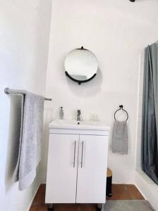ein Badezimmer mit einem weißen Waschbecken und einem Spiegel in der Unterkunft Heron Cottage - Living The Breede in Malgas + 26 Fotos