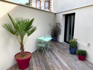 eine Terrasse mit einem Tisch und Topfpflanzen auf einem Gebäude in der Unterkunft Au 10 Bed & Breakfast in Luisant