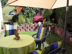 a table and chairs under an umbrella in a yard at Ferienwohnung Zschorlau/Erzgebirge 03771 479123 in Zschorlau