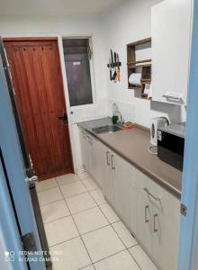 a kitchen with a sink and a red door at Casa 5-6 Personas Puerto Natales in Puerto Natales