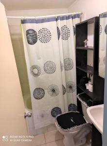 a bathroom with a shower curtain with a toilet at Casa 5-6 Personas Puerto Natales in Puerto Natales