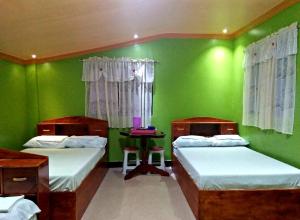 two beds in a room with green walls at Villa Corrales Homestay in Mambajao +83 photos
