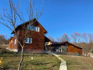 a wooden house on a hill with a tree at Casa de vacanța la Marita in Mariţa