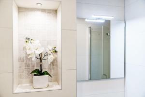 ein Badezimmer mit einem Spiegel und einer Pflanze auf einem Regal in der Unterkunft Haus am See Luxury HS 949 B in Hahnenklee-Bockswiese + 32 Fotos