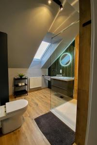 a bathroom with a glass shower and a toilet at Angelika 9D/3 Mountain Aparts in Świeradów-Zdrój