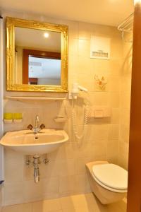 een badkamer met een wastafel, een toilet en een spiegel bij Hotel Beretta in Achenkirch