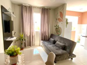 a living room with a couch and a tv at Hotel APART Zuccolotto 201 in Aracruz
