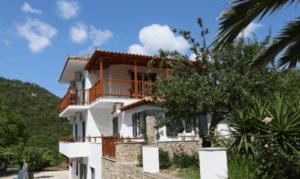 a house on a hill with a palm tree in front of it at To Ktima tis Matinas in Stafylos