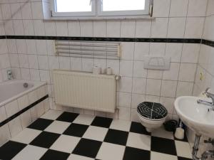 a bathroom with a black and white checkered floor at Sunflower in Zweibrücken
