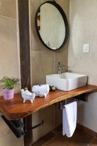 a bathroom counter with a sink and a mirror at Hotel Viñedo los Arcángeles in Dolores Hidalgo