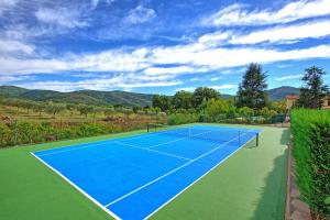 a tennis court with a blue tennis court at Zeffiro by PosarelliVillas in Cortona