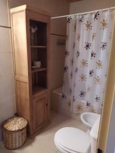 y baño con aseo y cortina de ducha. en Mirador de Atuq - Casa Serrana en Villa Yacanto