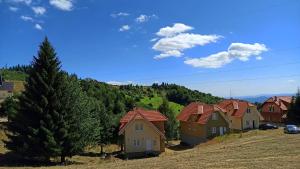 eine Gruppe von Häusern auf einem Hügel mit einem Baum in der Unterkunft Vikendica Kop in Kopaonik