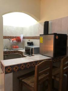 a kitchen with a counter with a microwave and a refrigerator at La Capelina Apartment in ExHacienda la Escalera in Guanajuato