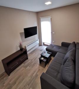Kopaonik Lux Apartman في كوباونيك: غرفة معيشة مع أريكة وتلفزيون بشاشة مسطحة