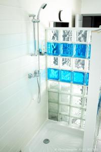 a bathroom with a shower with blue tiles at 1 chambre 14 m2 + SDB + cuisine + Terrasse en jardin pour 2 voyageurs in Trévignin