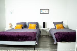 two beds in a room with purple and orange pillows at 1 CHAMBRE 20m2 : 2 lits pour 3 voyageurs +cuisine + terrasse bois en jardin in Trévignin