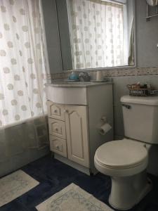 a bathroom with a toilet and a sink and a mirror at Frente a Playa - 3 dorms, 2 baños, parking, WiFi, 2 cuadras MALLS in Viña del Mar