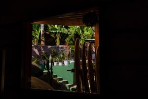 a window looking out at a garden with potted plants at Sintonia Surf Hostel e Bar in Ubatuba