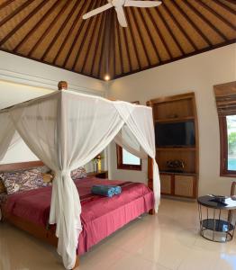 um quarto com uma cama e uma rede mosquiteira em Villa casa shanti deluxe em Lovina