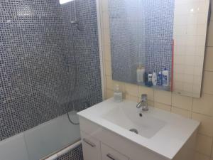 a bathroom with a sink and a shower at Room in Guest room - Peaceful accommodation in Madrid near Atocha in Madrid