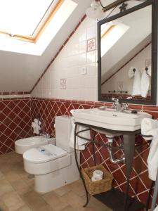 un bagno con lavandino, WC e specchio di La Posada del Tiétar a Santa Maria del Tietar