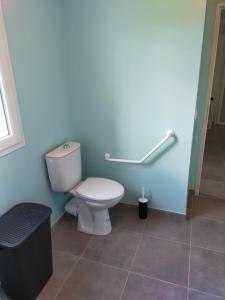 a bathroom with a toilet and a blue wall at Maison individuelle neuve plein pied avec terrasse et jardin clos 15 minutes a pied de la plage arrivé a partir de 15h30 in Quiberville +22 photos