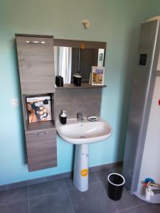 a bathroom with a sink and a mirror at Maison individuelle neuve plein pied avec terrasse et jardin clos 10minutes a pied de la plage in Quiberville +25 photos