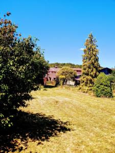 ein Feld mit zwei Bäumen und einem Haus in der Unterkunft Chez Jul in Bulligny