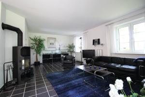 Friesenhaus Coast في Vollerwiek: غرفة معيشة مع أريكة ومدفأة