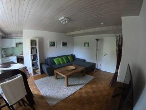 uma sala de estar com um sofá azul e uma mesa em Ferienwohnung Thann em Brannenburg