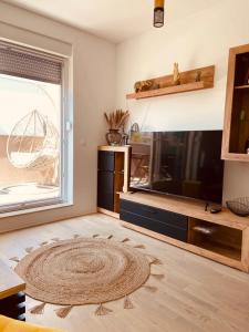 a living room with a large television and a large window at Jarun Lake in Zagreb