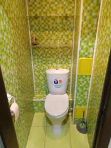 a bathroom with a toilet in a green tiled room at "СКомфортом" однокомнатная квартира на Проспекте Мира 375 in Yuzhno-Sakhalinsk