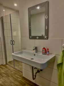 y baño con lavabo y espejo. en Monteurzimmer Oberlistingen Zweibettzimmer mit 2 Bädern, en Breuna