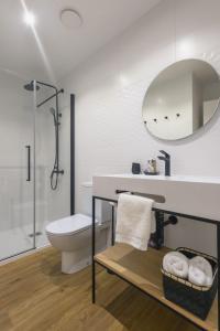 a bathroom with a toilet and a sink and a mirror at Apartamentos Centro Llanes in Llanes