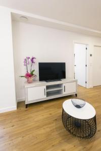 a living room with a tv and a coffee table at Apartamentos Centro Llanes in Llanes