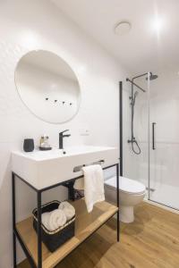 La salle de bains est pourvue d'un lavabo, de toilettes et d'un miroir. dans l'établissement Apartamentos Centro Llanes, à Llanes