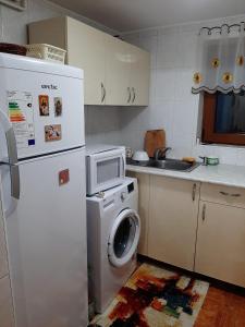 a kitchen with a washing machine and a refrigerator at Family Home in Cheia