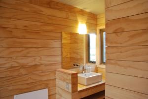 a bathroom with a sink and wooden walls at Rumbo Sur Hotel in Villa O'Higgins