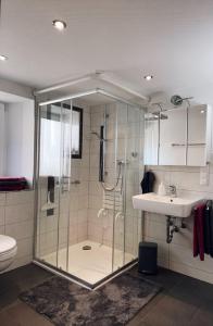 La salle de bains est pourvue d'une douche et d'un lavabo. dans l'établissement Ferienwohnung Ortsmitte, à Hilders