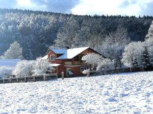 a house covered in snow in a snow covered yard at Rzepedka in Rzepedż