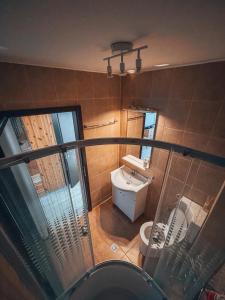 a small bathroom with a toilet and a sink at Sebiana in Buşteni