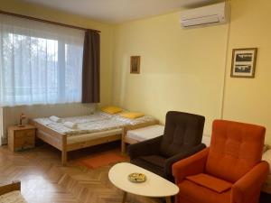 a room with a bed and a couch and a chair at Kurca-parti Vendégház in Szentes