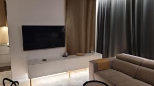 a living room with a couch and a flat screen tv at Apartament Nadmorski z ogródkiem i sauną in Mechelinki