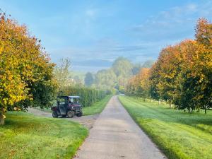 um tractor a descer uma estrada de terra ao lado de árvores em Cocklebury Farm em Pewsey