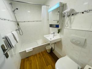 La salle de bains est pourvue de toilettes, d'un lavabo et d'une douche. dans l'établissement Hotel Toscana, à Interlaken