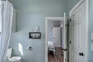 a bathroom with blue walls and a white toilet at Lake Charles Cottage with Fireplace and Yard! in Lake Charles +17 photos